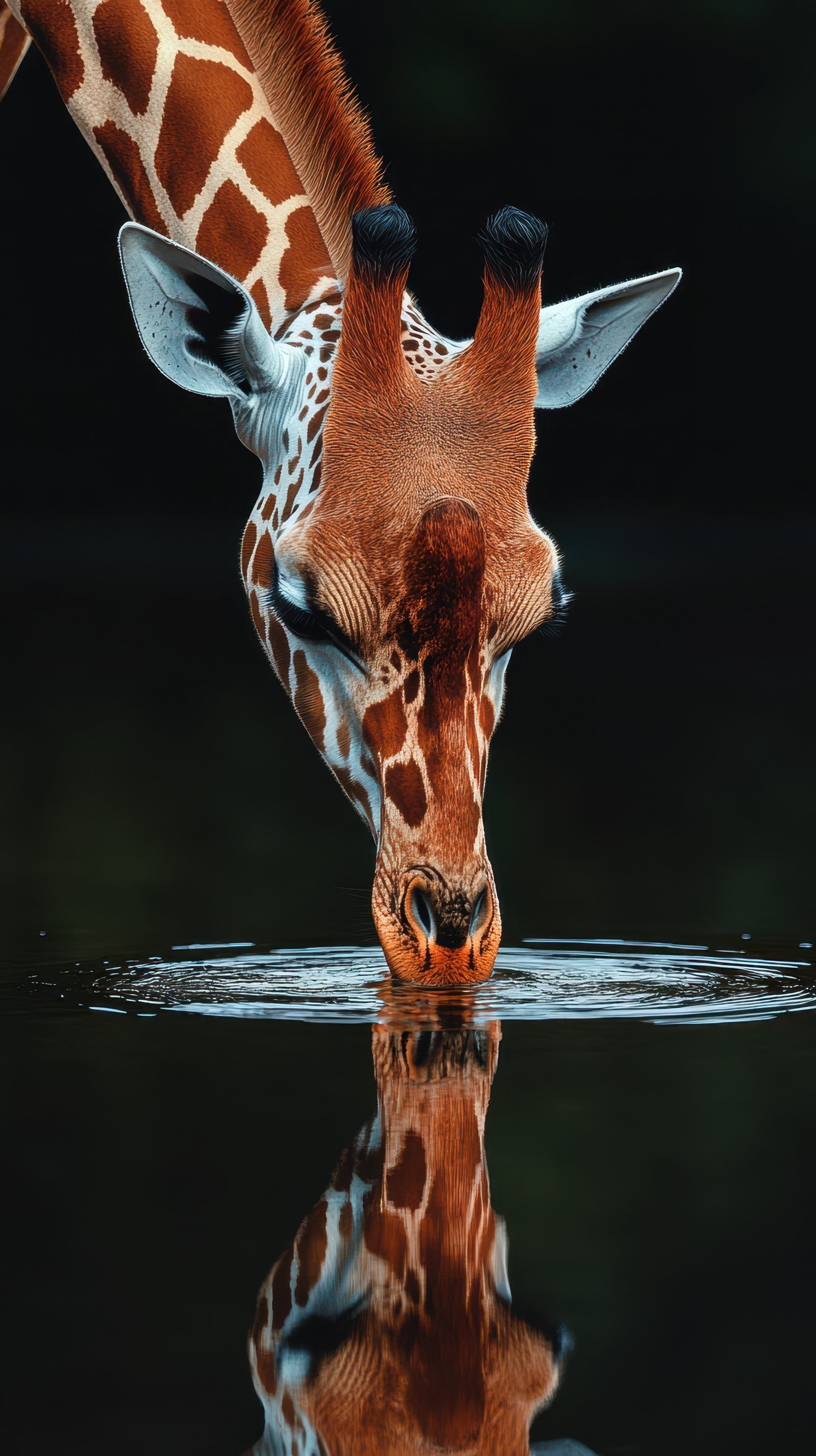 Giraffe drinks from serene water source in natural habitat showcasing graceful reflection and calm environment